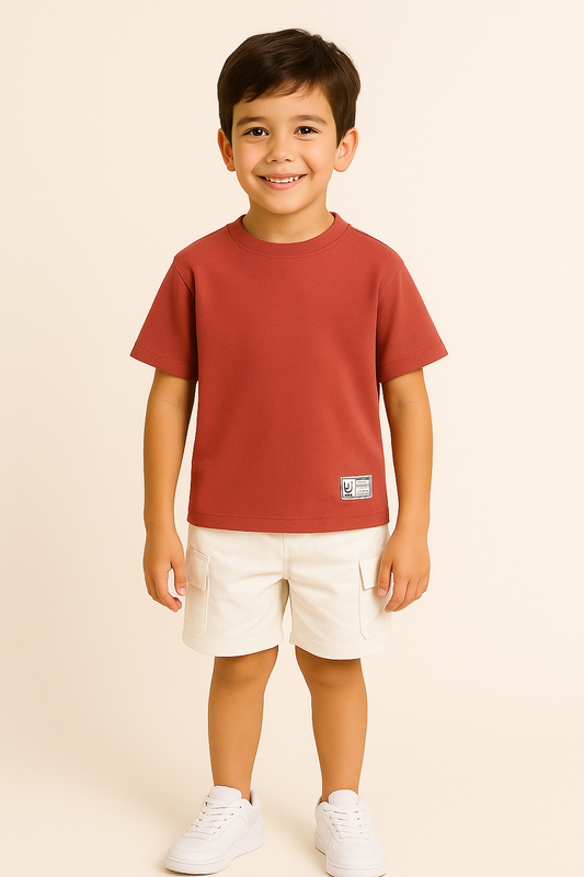 Junior Boys Textured Cotton T-Shirt - Rust Red
