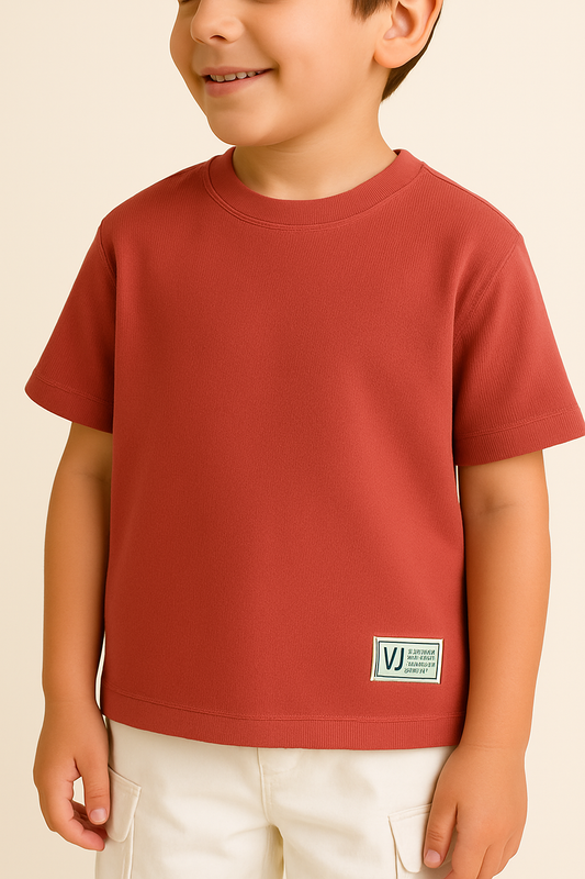 Junior Boys Textured Cotton T-Shirt - Rust Red