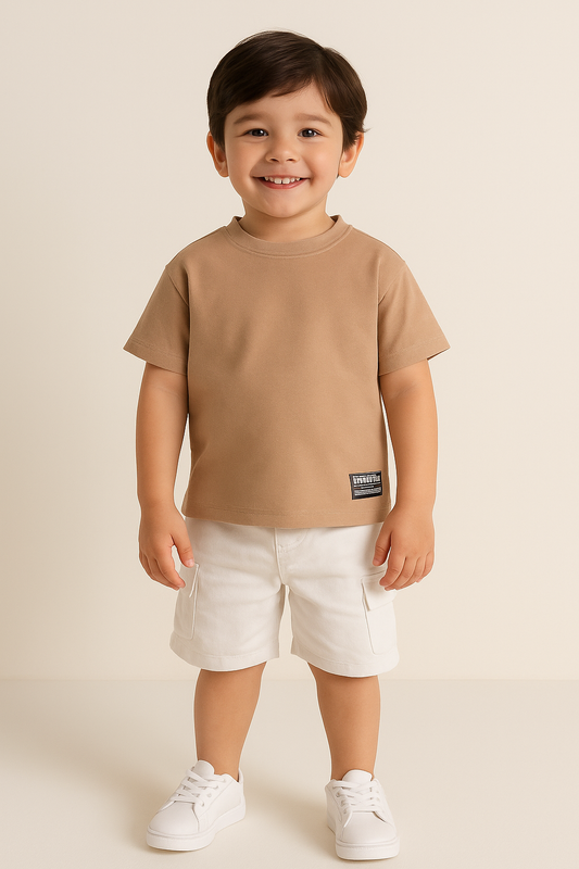 Junior Boys Textured Cotton T-Shirt - Beige