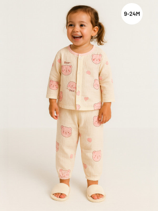 Baby Girls Printed Muslin Cotton Pyjama Set “ Pink Bear Printed