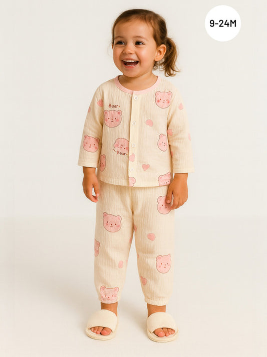Baby Girls Printed Muslin Cotton Pyjama Set – Pink Bear Printed