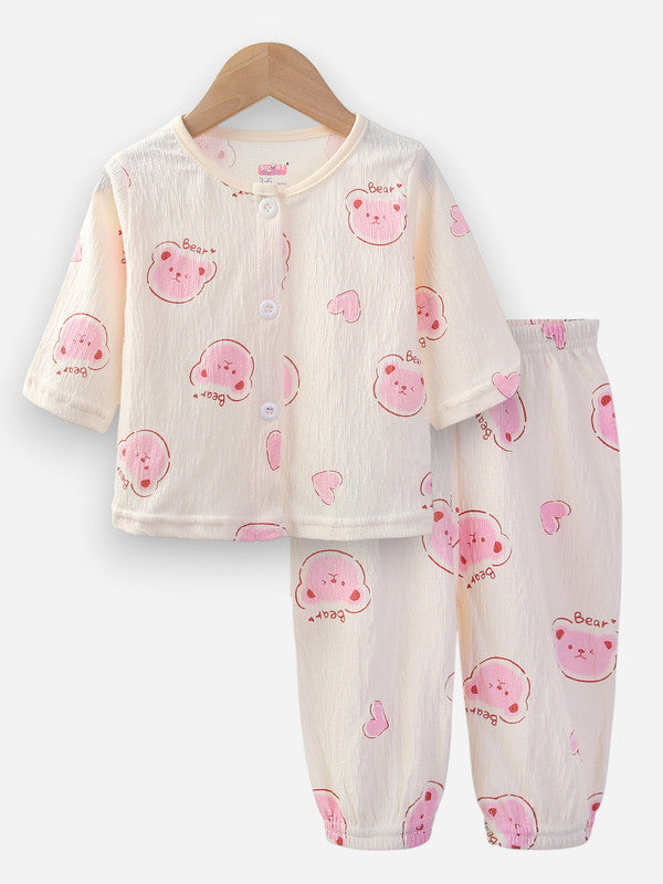 Baby Girls Printed Muslin Cotton Pyjama Set “ Pink Bear Printed