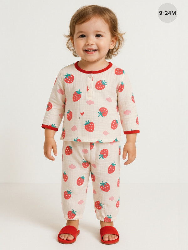 Baby Girls Muslin Cotton Pyjama Set “ Pink Strawberry Print