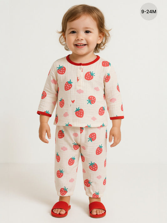 Baby Girls Muslin Cotton Pyjama Set – Pink Strawberry Print
