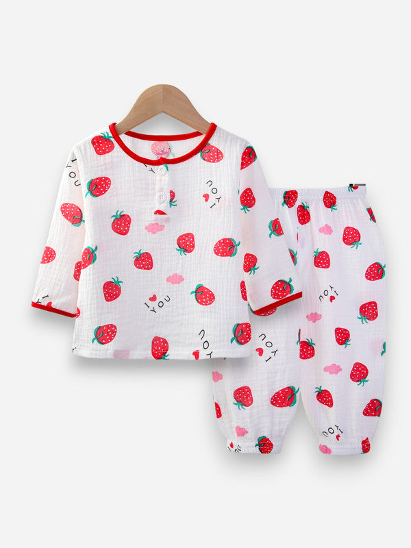 Baby Girls Muslin Cotton Pyjama Set “ Pink Strawberry Print