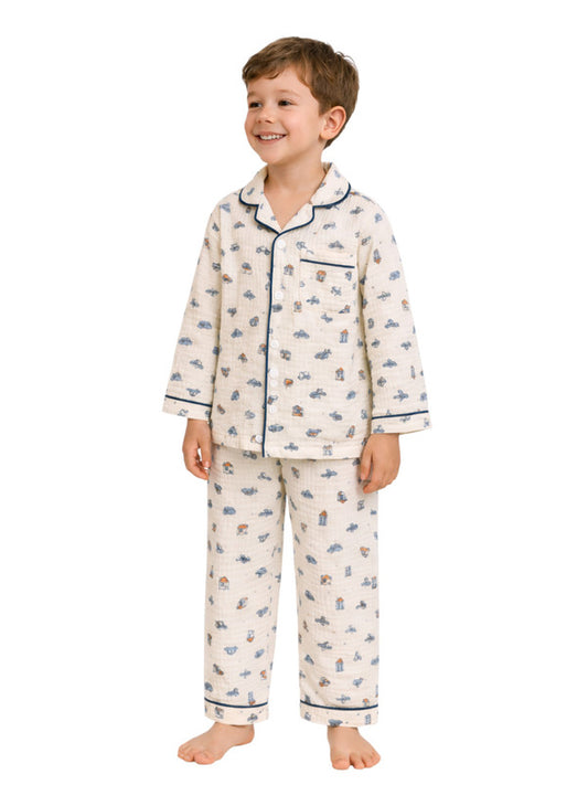 Boys 100% Cotton Muslin Pyjama Set – Vehicle Print