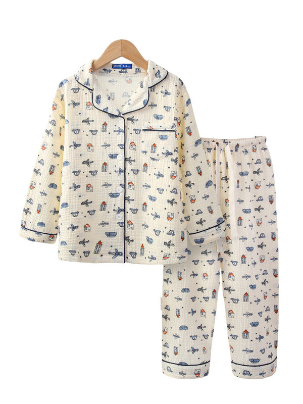Boys 100% Cotton Muslin Pyjama Set – Vehicle Print
