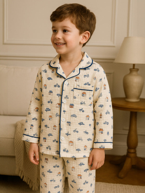 Boys 100% Cotton Muslin Pyjama Set – Vehicle Print