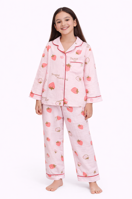 Girls 100% Cotton Muslin Strawberry Print Pyjama Set