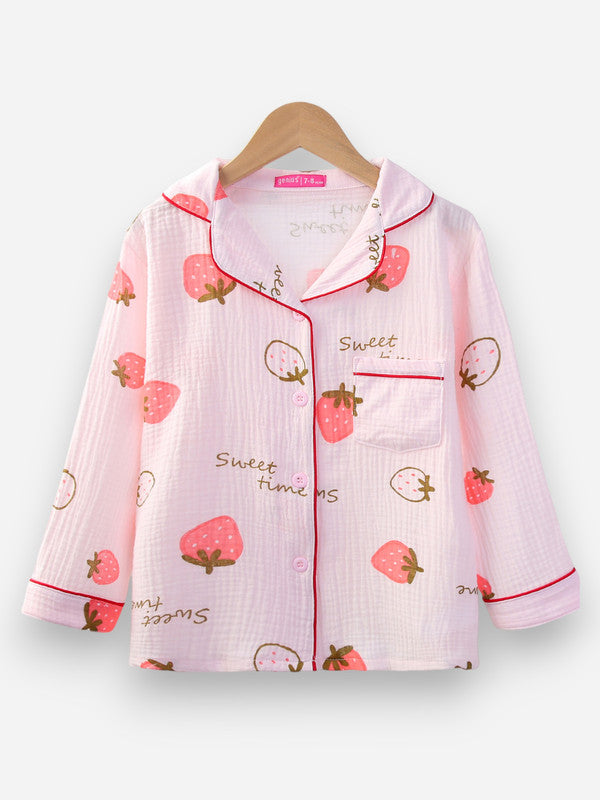Girls 100% Cotton Muslin Strawberry Print Pyjama Set