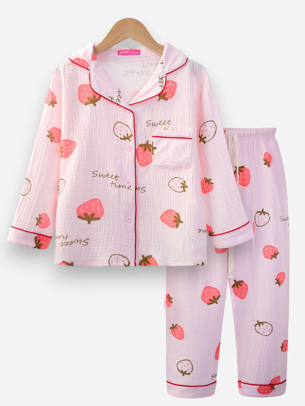 Girls 100% Cotton Muslin Strawberry Print Pyjama Set