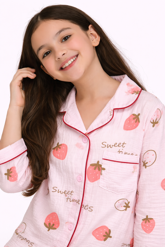 Girls 100% Cotton Muslin Strawberry Print Pyjama Set