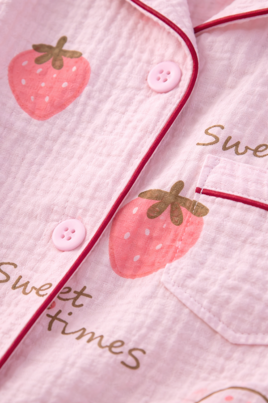 Girls 100% Cotton Muslin Strawberry Print Pyjama Set