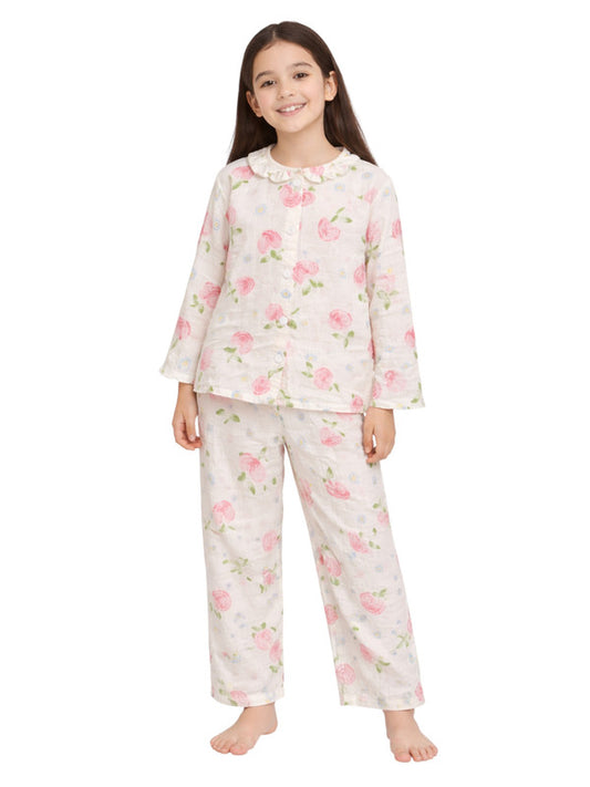 Girls 100% Cotton Muslin Floral Strawberry Print Pyjama Set