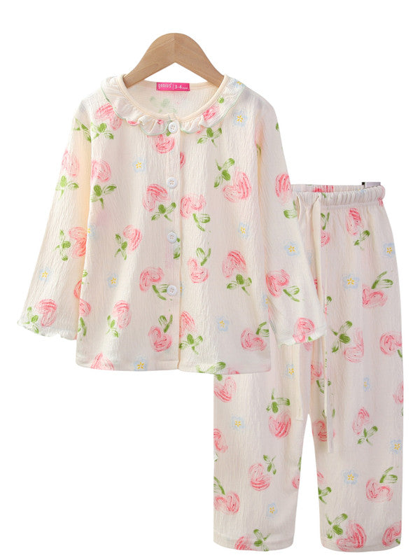 Girls 100% Cotton Muslin Floral Strawberry Print Pyjama Set
