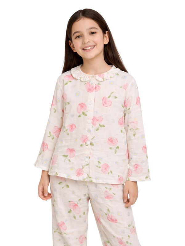 Girls 100% Cotton Muslin Floral Strawberry Print Pyjama Set
