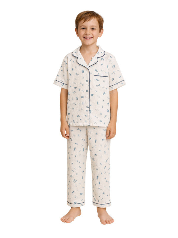 Boys 100% Cotton Muslin Pyjama Set with Blue Geometric Print