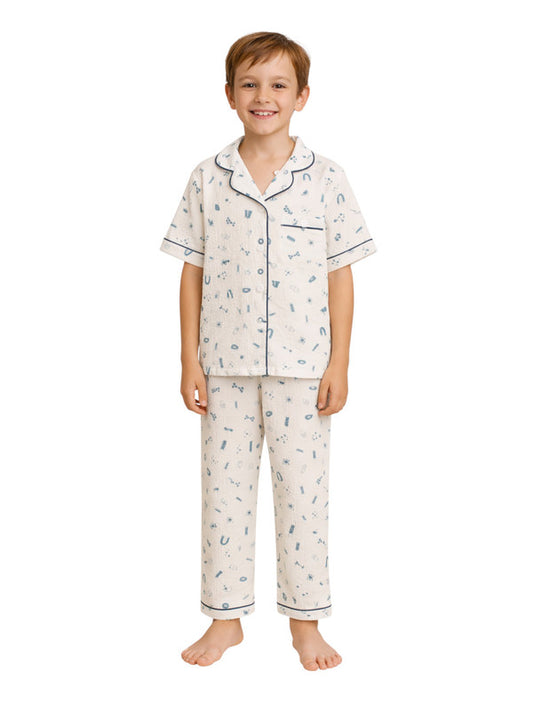 Boys 100% Cotton Muslin Pyjama Set with Blue Geometric Print
