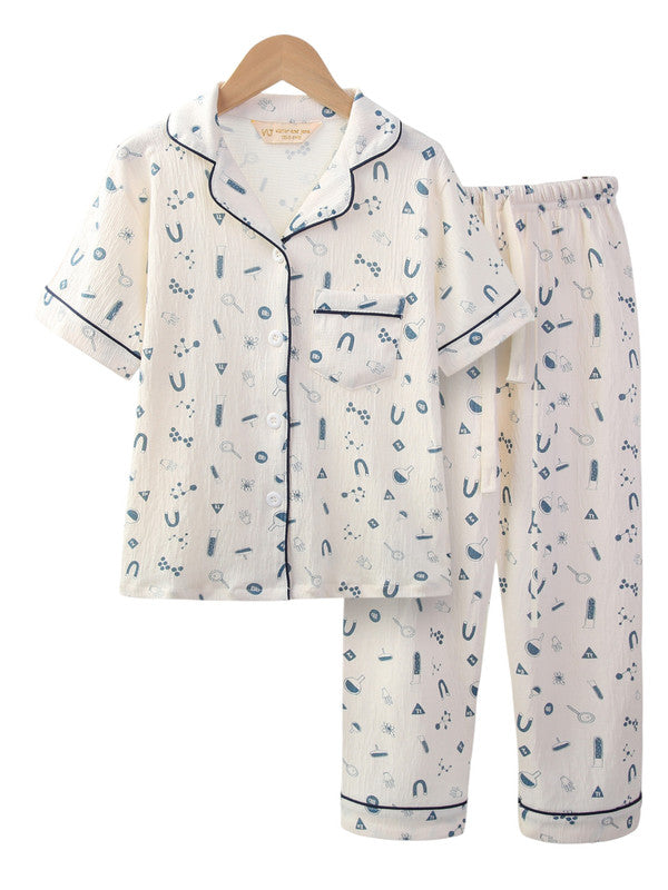 Boys 100% Cotton Muslin Pyjama Set with Blue Geometric Print