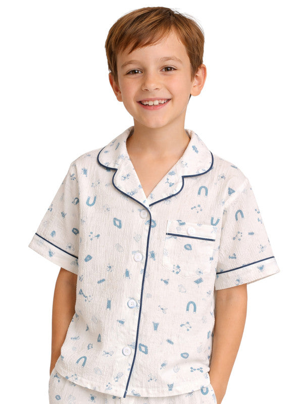 Boys 100% Cotton Muslin Pyjama Set with Blue Geometric Print
