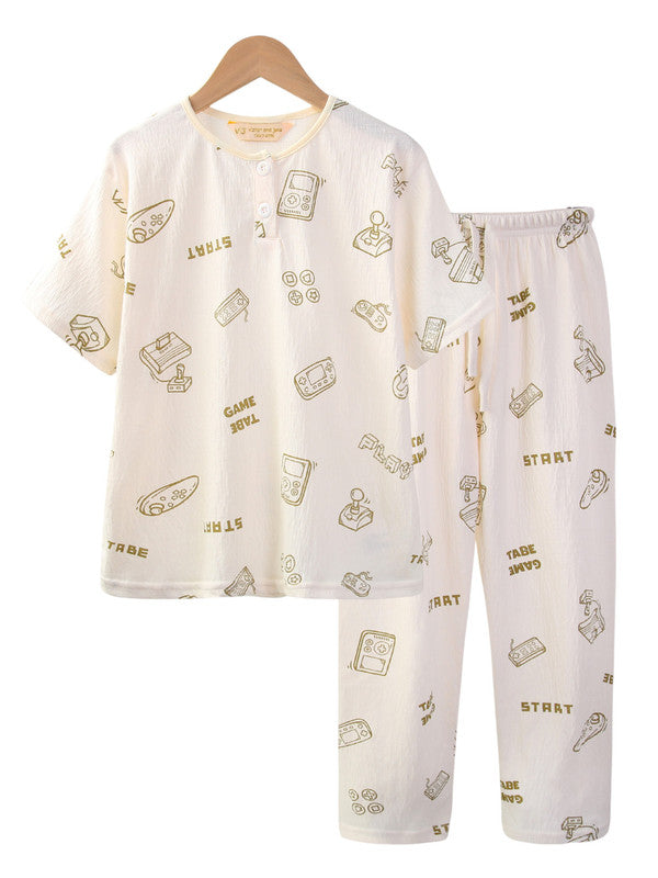 Boys 100% Cotton Muslin Pyjama Set With Geometric Print