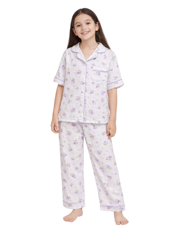Girls Floral Printed Muslin Cotton Pyjama Set