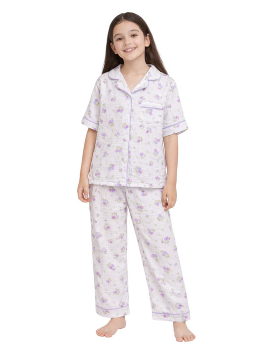 Girls Floral Printed Muslin Cotton Pyjama Set