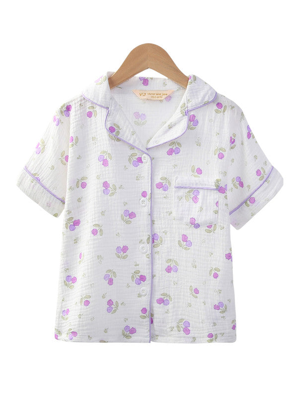 Girls Floral Printed Muslin Cotton Pyjama Set