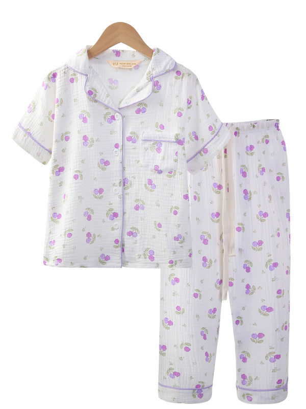 Girls Floral Printed Muslin Cotton Pyjama Set