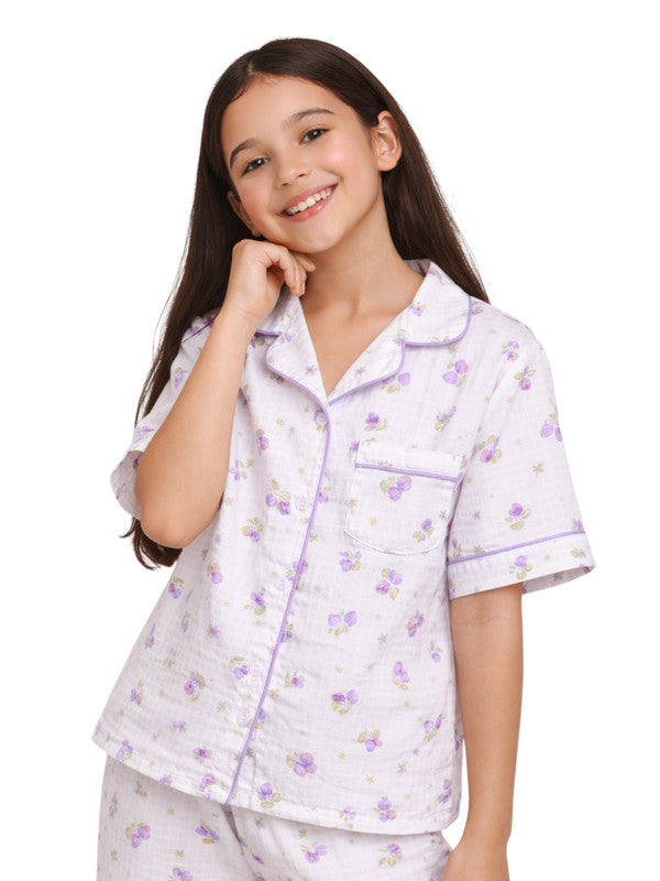 Girls Floral Printed Muslin Cotton Pyjama Set