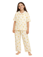 Girls Floral Printed Muslin Cotton Pyjama Set With Puff Sleeves