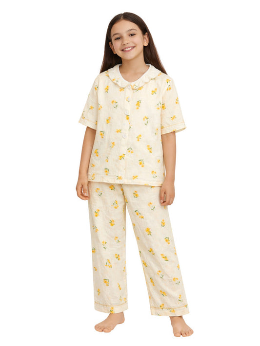 Girls Floral Printed Muslin Cotton Pyjama Set with Puff Sleeves