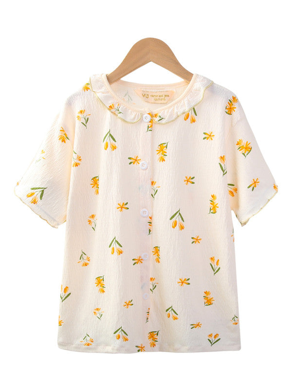 Girls Floral Printed Muslin Cotton Pyjama Set With Puff Sleeves