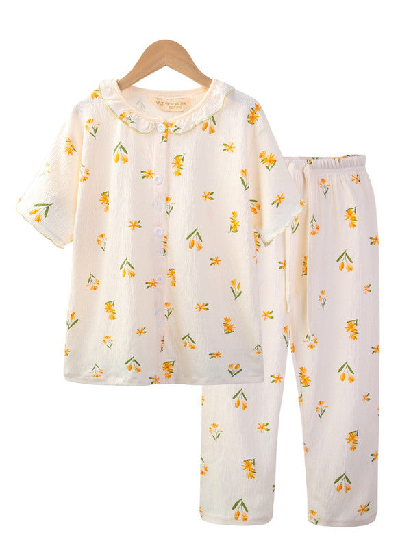 Girls Floral Printed Muslin Cotton Pyjama Set With Puff Sleeves