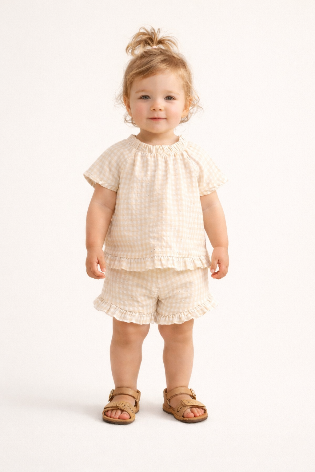 Girls 2 Pc Set Waffle-Knit Ruffle-Trim Top & Shorts Set