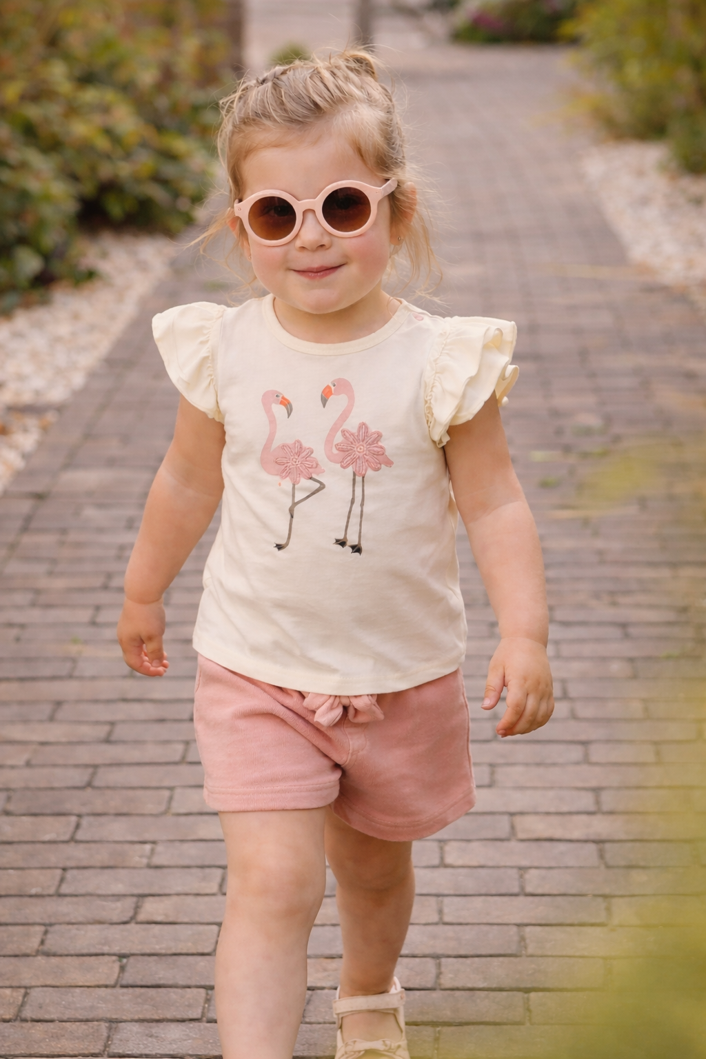 Girls 2 Pc Set “Flamingo Fête” Ruffle-Sleeve Tee & Bow-Trim Shorts Set