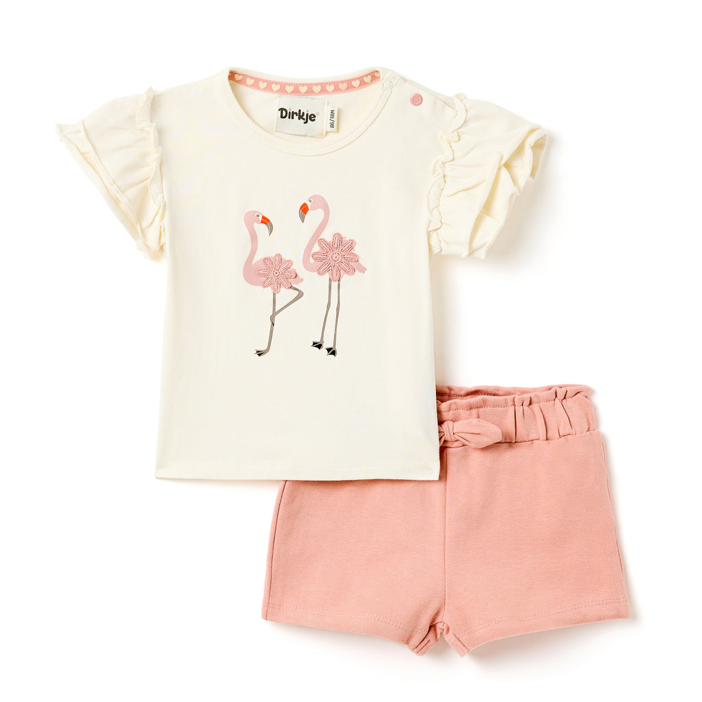 Girls 2 Pc Set ?Flamingo F?Te? Ruffle-Sleeve Tee & Bow-Trim Shorts Set