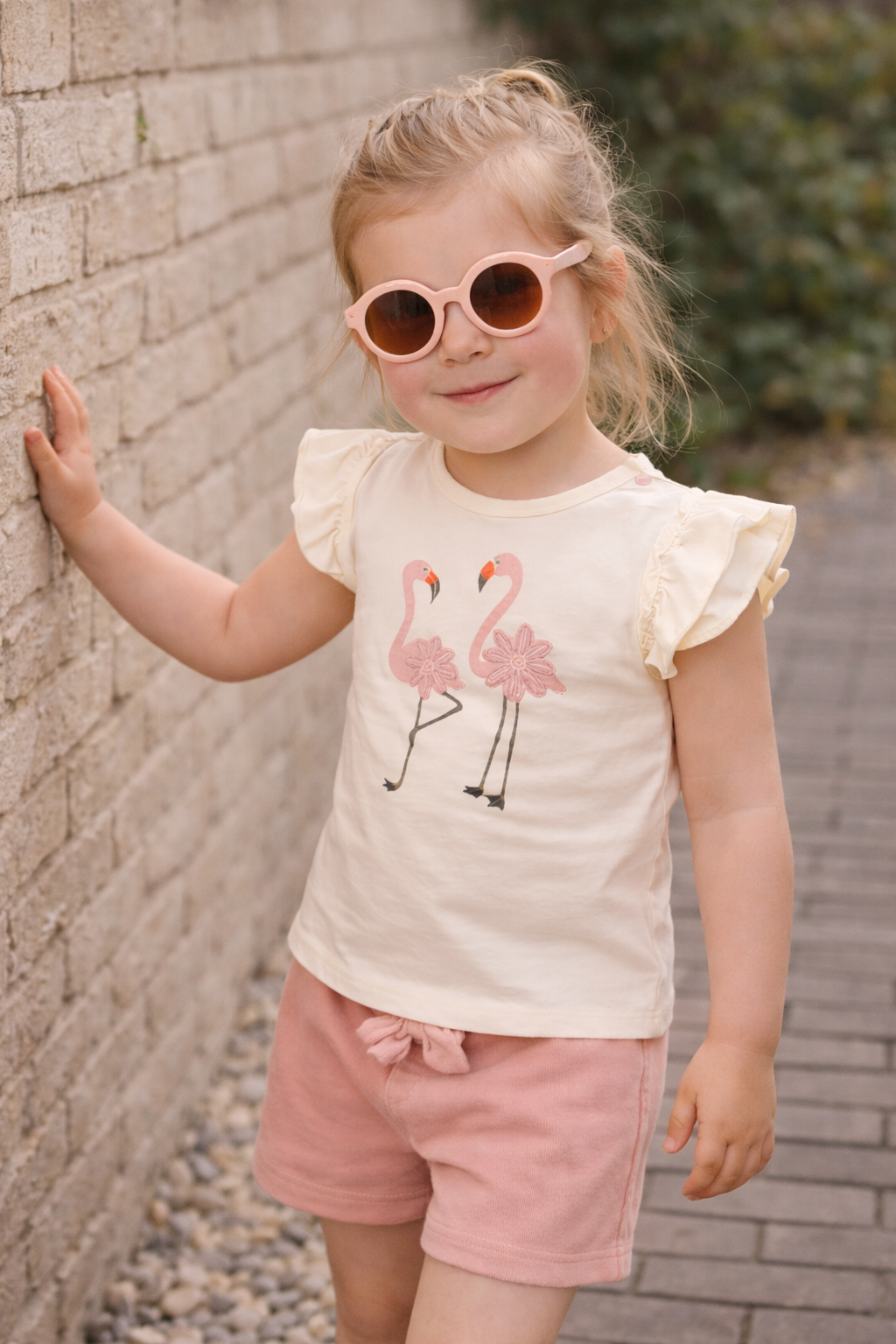 Girls 2 Pc Set “Flamingo Fête” Ruffle-Sleeve Tee & Bow-Trim Shorts Set