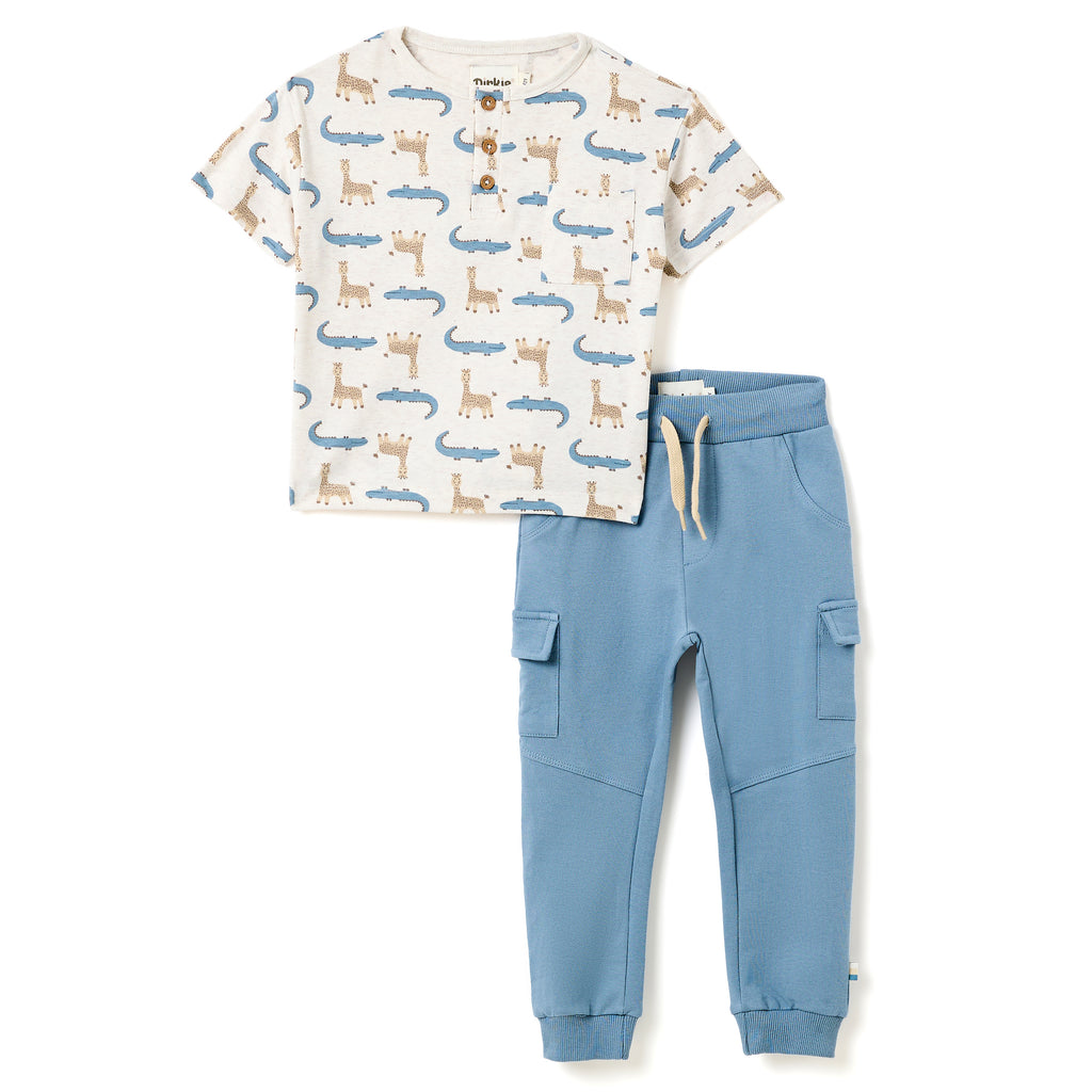 Boys 2 Pc Set ?Safari Adventure? Henley Tee & Blue Cargo Jogger Set
