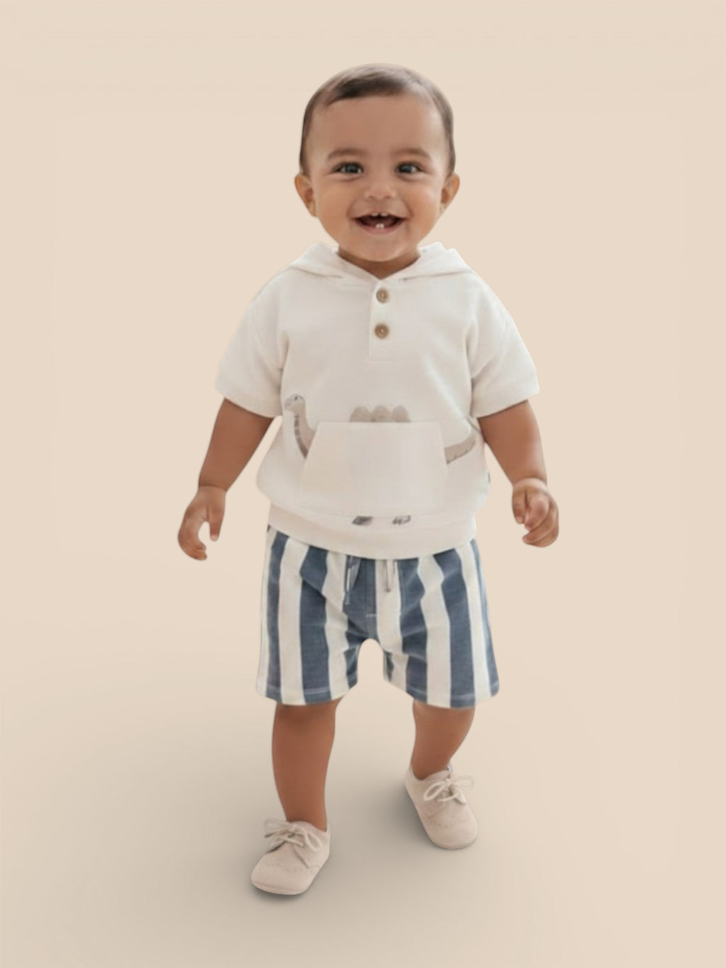 ?Cozy Dino? Hooded Tee & Striped Shorts Baby Set