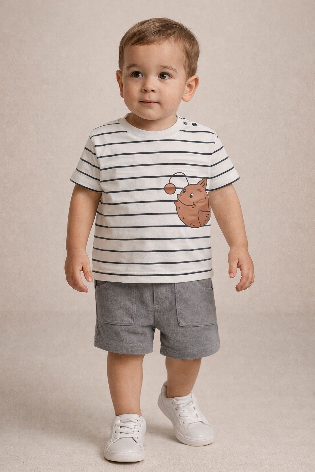 Boys 2 Pc Set ?Little Angler? Striped Anglerfish Tee & Pocketed Shorts Set