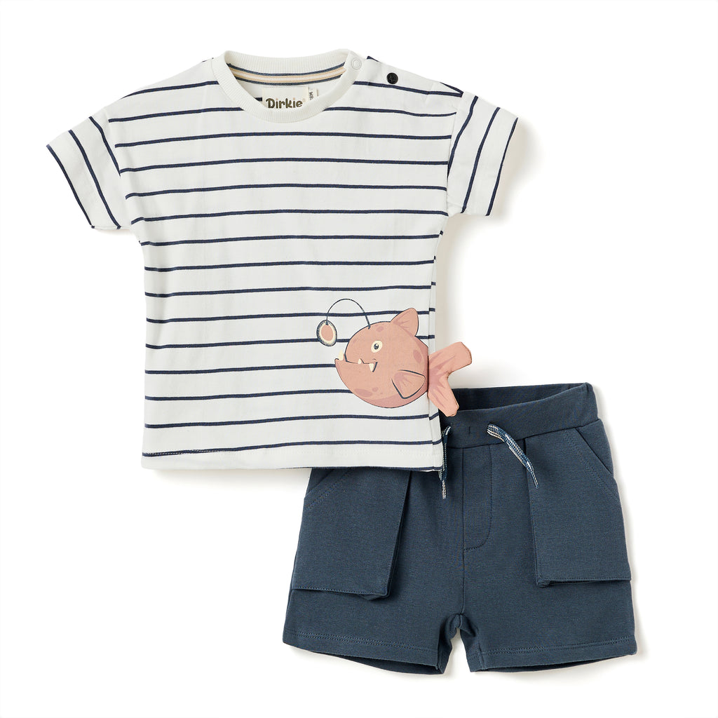 Boys 2 Pc Set ?Little Angler? Striped Anglerfish Tee & Pocketed Shorts Set