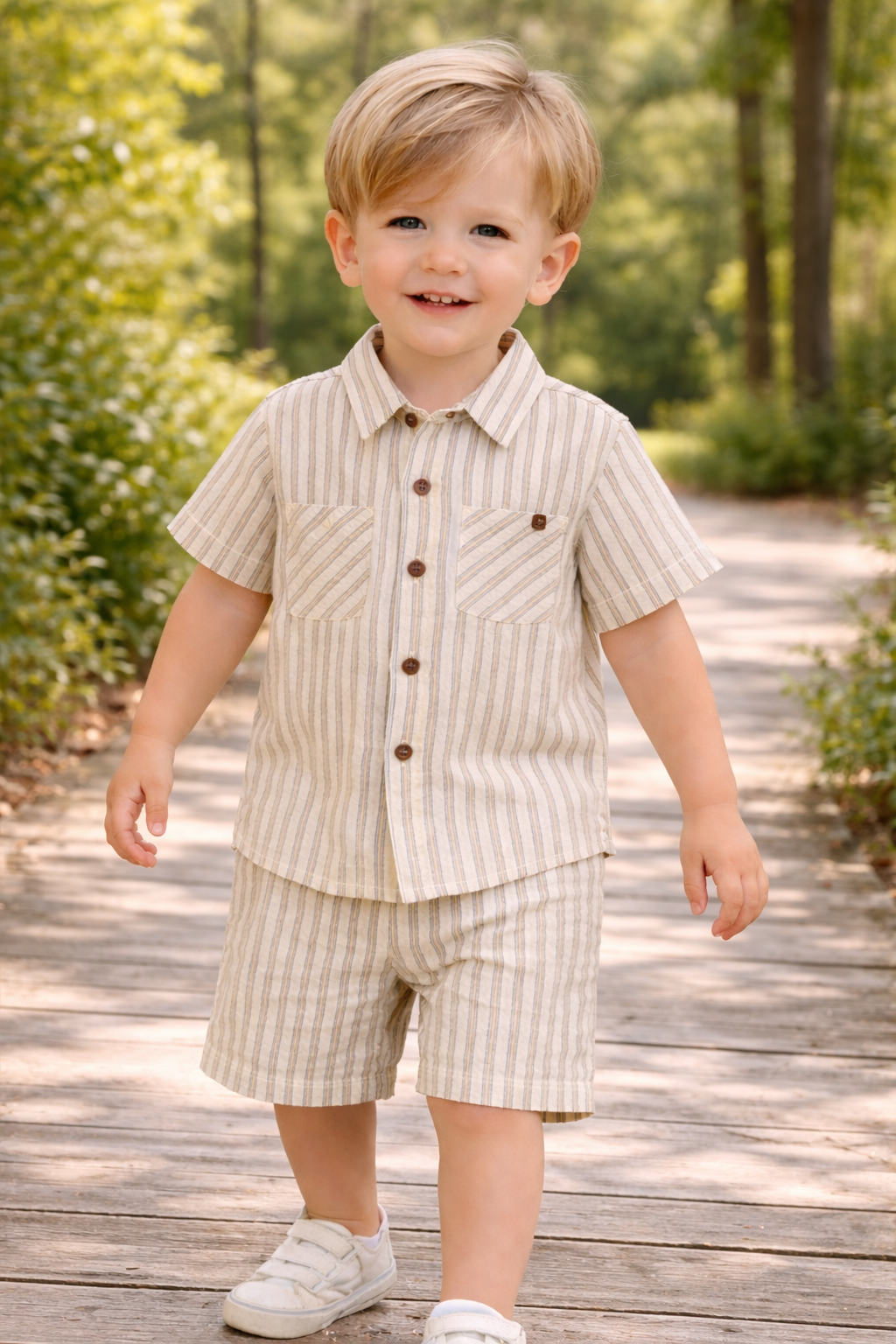 Boys 2 Pc Set ?Coastal Stripe? Collared Button-Front Shirt & Draw-Waist Shorts Set