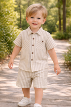 Boys 2 Pc Set ?Coastal Stripe? Collared Button-Front Shirt & Draw-Waist Shorts Set