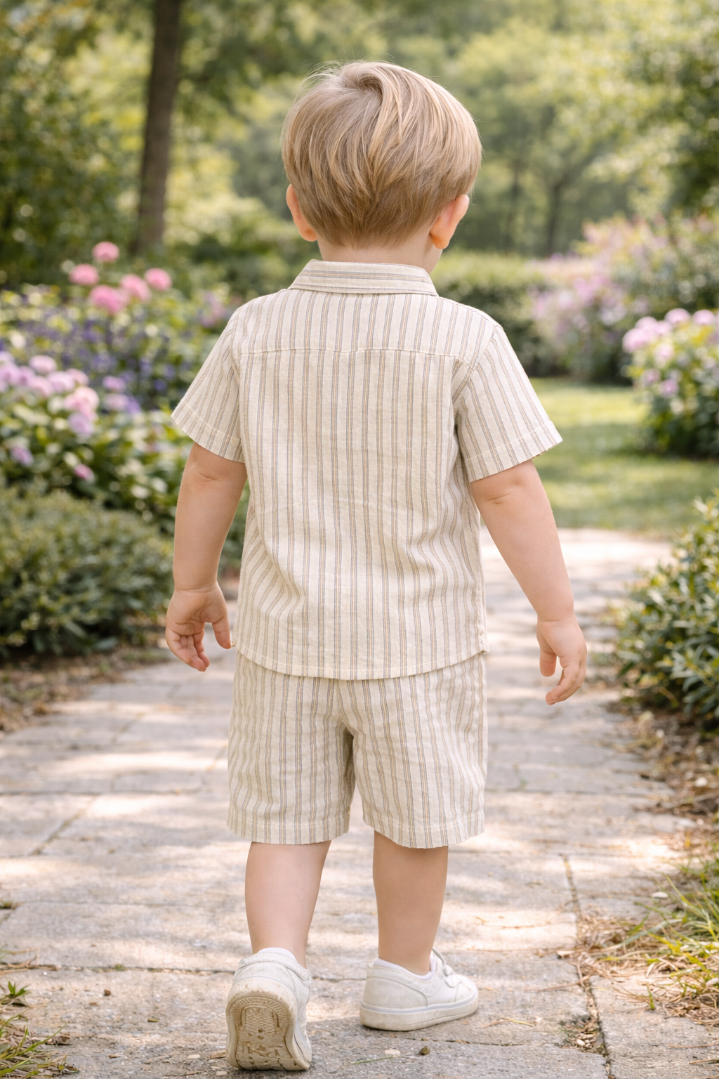 Boys 2 Pc Set ?Coastal Stripe? Collared Button-Front Shirt & Draw-Waist Shorts Set