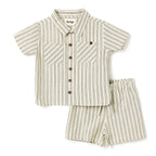 Boys 2 Pc Set ?Coastal Stripe? Collared Button-Front Shirt & Draw-Waist Shorts Set