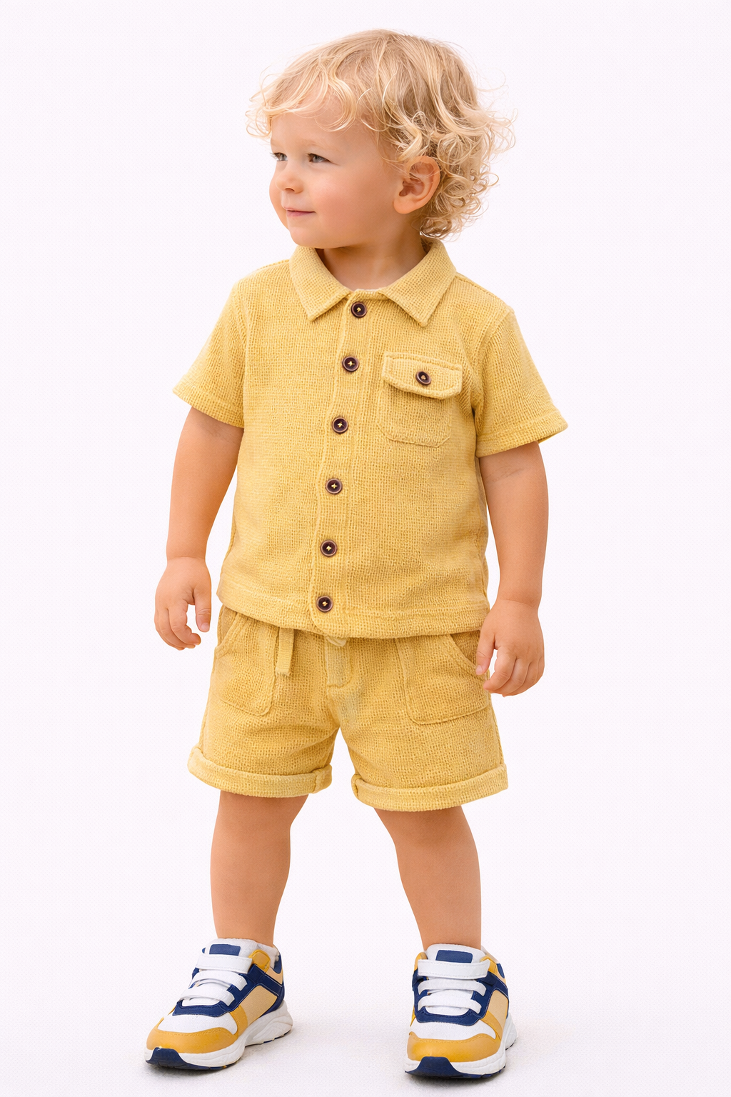 Boys 2 Pc Set ?Sunlit Waffle? Collared Shirt & Roll-Cuff Shorts Set