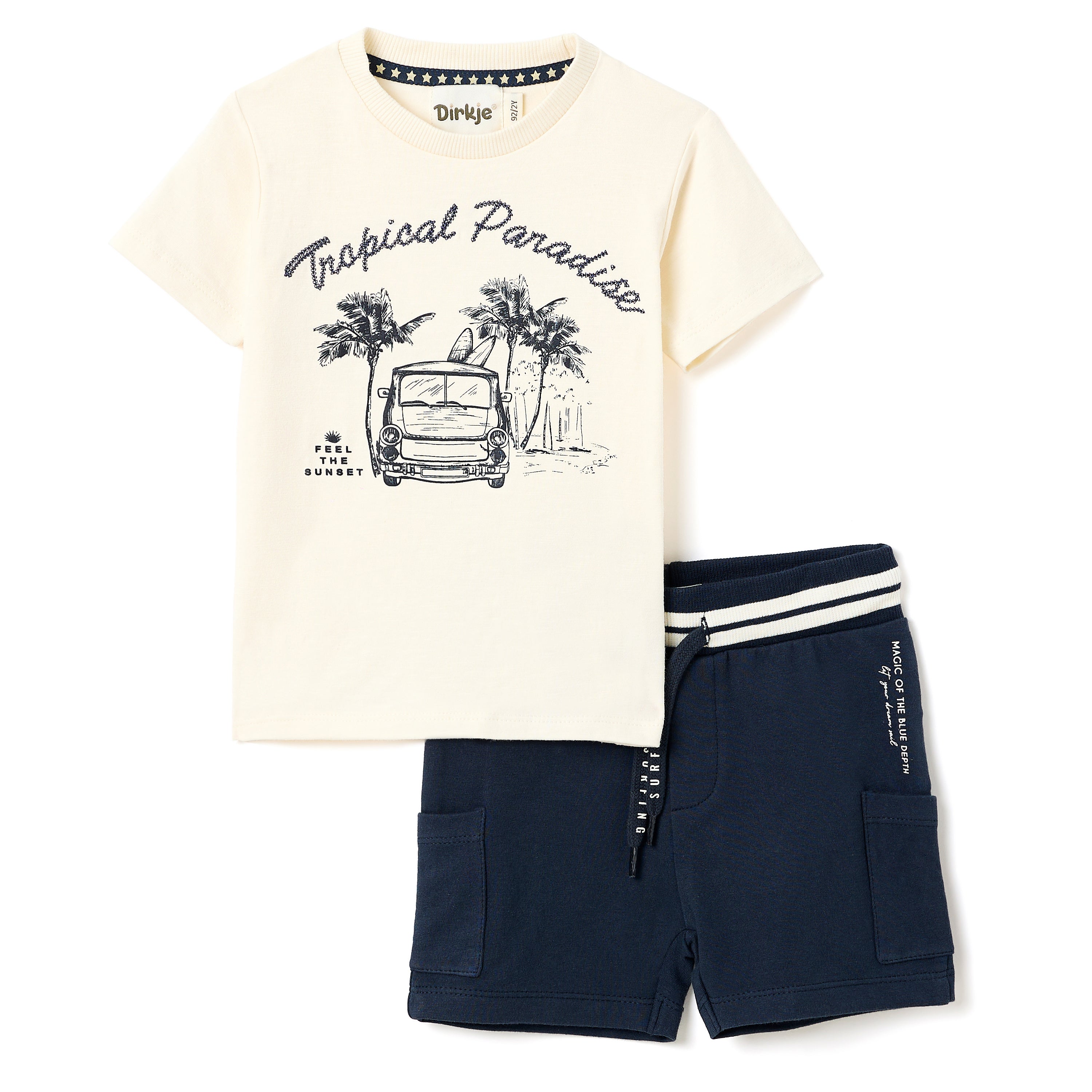 Boys 2 Pc Set ?Tropical Wheels? Cotton Tee & Striped-Waistband Shorts Set