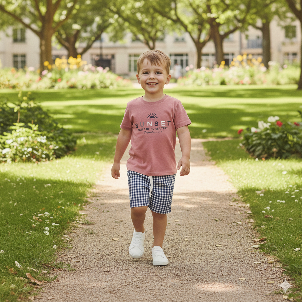 Boys 2 Pc Set “Sunset Gingham” Tee & Check Shorts Set