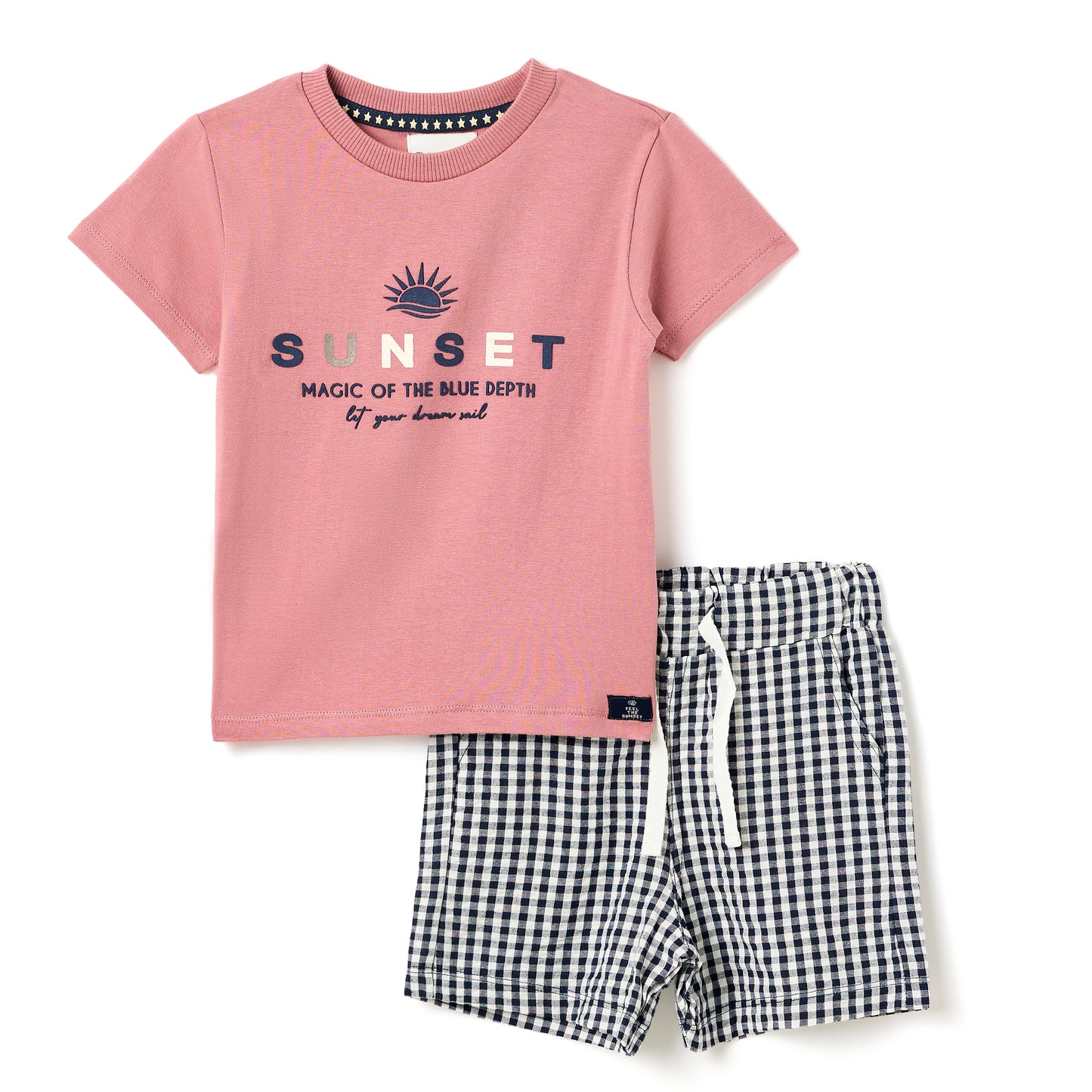 Boys 2 Pc Set “Sunset Gingham” Tee & Check Shorts Set
